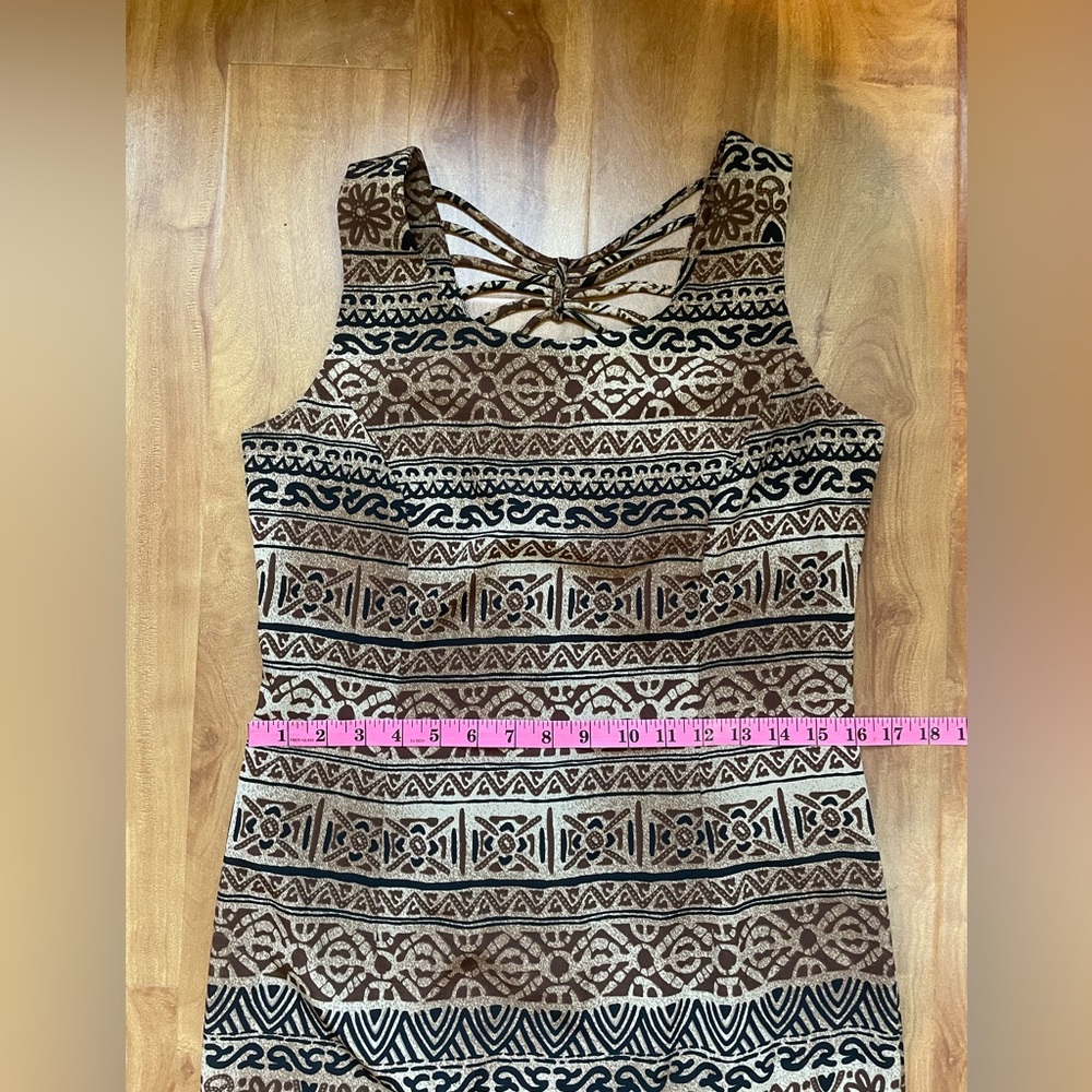 Vintage 90s Earthy Boho Chic Aztec Print Midi Sheath Dress, Size Small - Picture 8 of 13